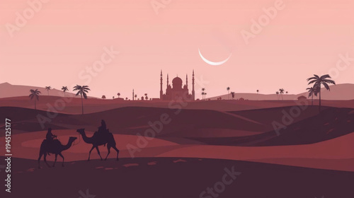 illustration silhouette camels in the desert and grand mosque in the background