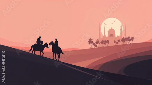 silhouette of a couple rider horsea in the desert and grand mosque in the background
