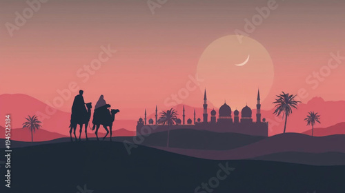illustration silhouette camels in the desert and grand mosque in the background