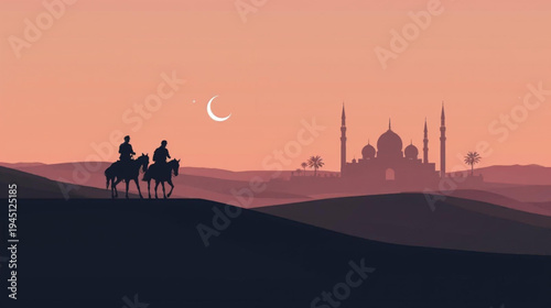 silhouette of a couple rider horsea in the desert and grand mosque in the background