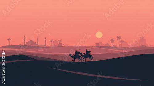 silhouette of a couple rider horsea in the desert and grand mosque in the background