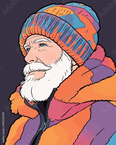 A man wearing a colorful hat and warm coat stands still with a serious expression, showcasing winter style and accessories.