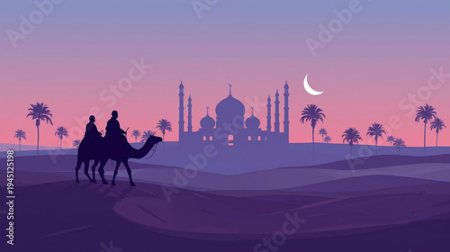 illustration silhouette camel in the desert and grand mosque in the background