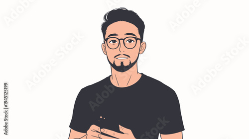 A man with glasses stands and holds a smartphone in his hands. He appears focused and casual in his posture and attire.