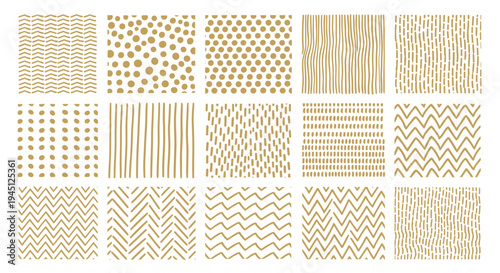 Detailed collection of fifteen different hand drawn seamless patterns and textures with dots lines and waves in a golden brown color.