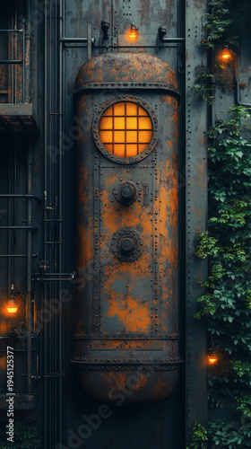 Create an aged machinery depiction of an industrial