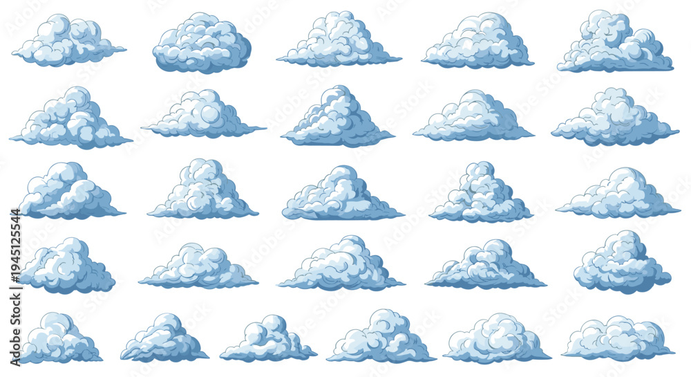 Fototapeta premium Large set of various white fluffy cartoon clouds with soft blue shadows arranged in a clean grid pattern on a plain white background.