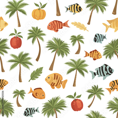 Tropical pattern with palm trees, fish, fruits, and leaves on a white background