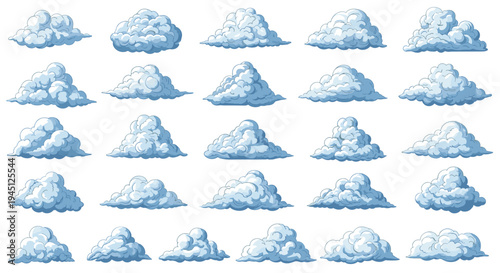 Large set of various white fluffy cartoon clouds with soft blue shadows arranged in a clean grid pattern on a plain white background.
