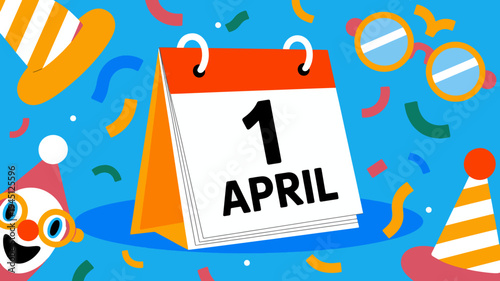 Colorful april fools' day celebration with calendar party hats and confetti on blue background