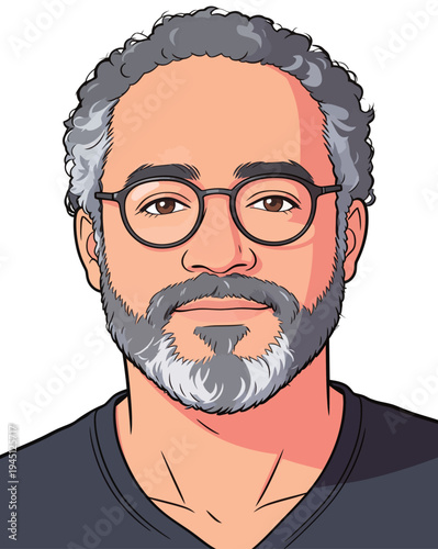 A person with curly gray hair and glasses smiles while looking directly at the viewer in a digital art style.