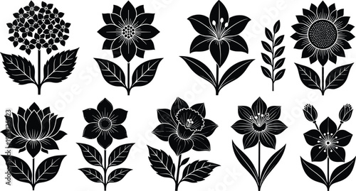 Set of black flower silhouettes and botanical icons featuring sunflower, lotus and decorative blooms isolated on white background for logo design, tattoo, stencil and branding