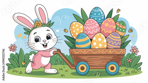Happy easter bunny in pink dress pushing colorful egg cart in spring garden with flowers