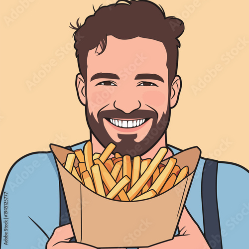 A man smiles as he holds a box filled with golden fries. He shows clear joy. The background is light and simple.