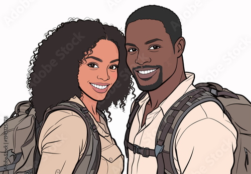 Two people stand close with backpacks on their shoulders. They smile and look ready for an adventure outdoors.