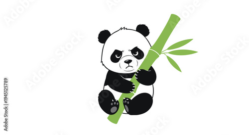 Grumpy cartoon giant panda with a mean expression holding a green bamboo stalk while sitting on a white background with a funny look.