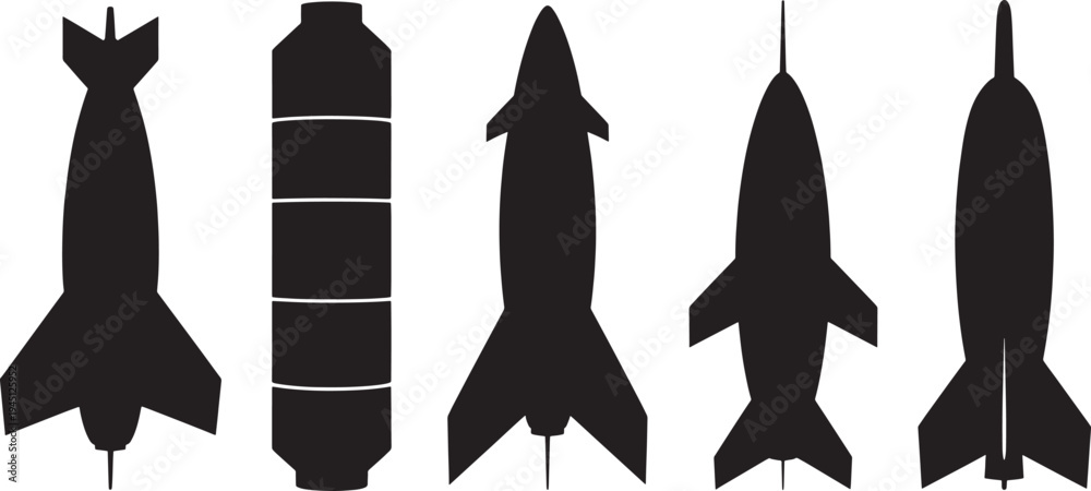 Fototapeta premium Black silhouettes of various rockets missiles space technology transportation