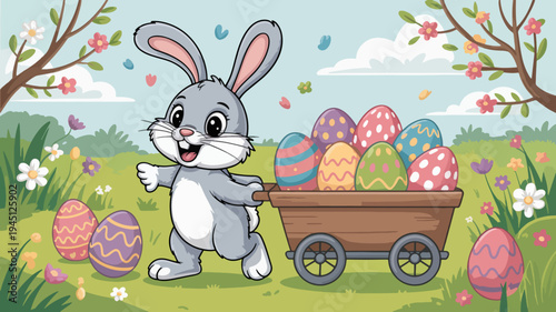 Happy easter bunny in spring garden with colorful eggs in wooden cart flowers and trees