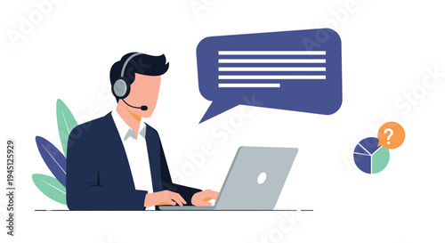 Male customer service agent wearing a headset and working on a silver laptop with a speech bubble and data chart icons around him.