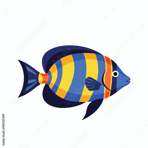 A vibrant, striped angelfish with blue, yellow, and orange bands swims right