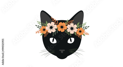 Portrait of a black cat face adorned with a beautiful crown of colorful flowers and green leaves on a white background for aesthetics.