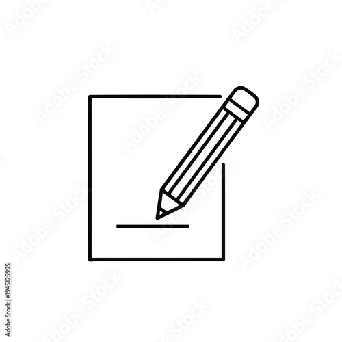 A simple line drawing of a pencil writing on a blank sheet