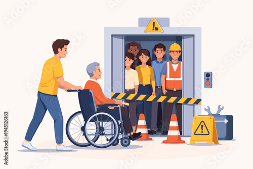 Vector illustration of a young man pushing a senior in a wheelchair towards a crowded elevator blocked by maintenance tape and cones, highlighting accessibility barriers and repair issues.