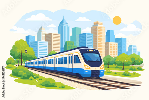 Modern electric train traveling on railway tracks through a green city park with a metropolitan skyline and skyscrapers in the background, flat vector illustration of urban public transportation.