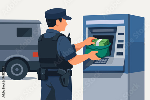 Security guard in a blue uniform and tactical vest loading stacks of cash from a green bag into an automated teller machine (ATM) with an armored transport truck parked in the background.