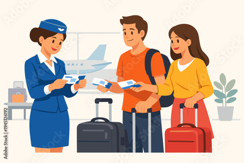 Flat Vector Illustration of a Friendly Air Hostess in Uniform Checking Boarding Passes and Tickets for a Young Couple with Suitcases and Backpack at an Airport Terminal Before Their Flight