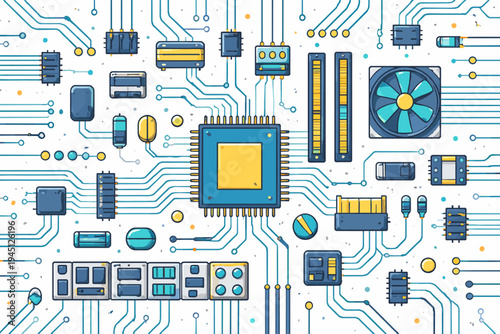 Abstract Vector Illustration of a Seamless Computer Motherboard Technology Design Featuring CPU, RAM, Cooling Fan, and Electronic Components on White Background for Hardware and Computing.