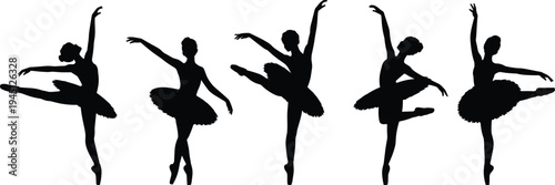 Five black silhouettes of ballerinas in graceful dance poses on white background ballet dancer