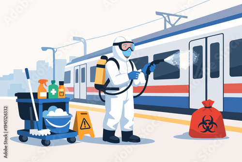 Medical Specialist in Protective Hazmat Suit Disinfecting a Public Train Station and Electric Train for Virus Prevention and Sanitation, Flat Vector Illustration of Professional Cleaning Service