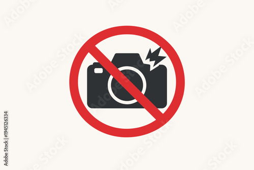 No Flash Photography Allowed Sign Vector Illustration, Prohibited Camera Icon with Red Circle and Diagonal Line, Warning Symbol for Restricted Areas, Museums, Art Galleries, and Private Property