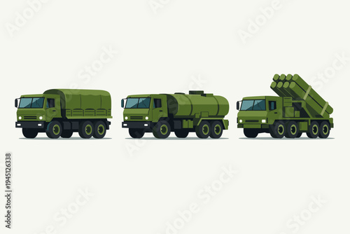 Set of Military Vehicles Flat Vector Illustration Featuring a Green Army Cargo Truck, Fuel Tanker, and Multiple Rocket Launcher System MLRS Isolated on a Light Background for Defense Concepts.