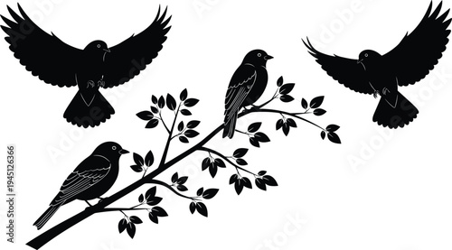 Silhouette of birds perched and flying around leafy branch, detailed feathers, nature wildlife concept, isolated on white background illustration