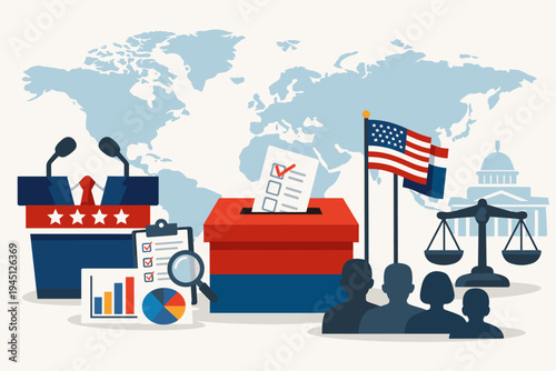 US Presidential Election and Public Policy Concept with Ballot Box, Podium, American Flag, World Map, Scales of Justice, Capitol Building, and Voter Silhouettes in Flat Vector Illustration.