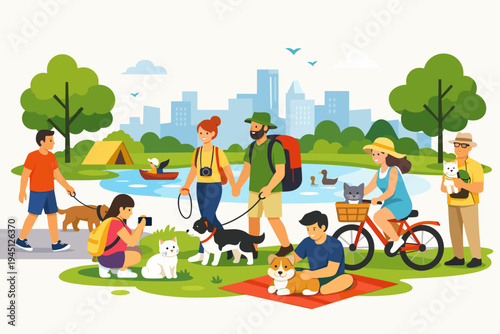 Diverse people enjoying outdoor activities with their pets in a city park vector illustration; walking dogs, cycling with cats, hiking, and picnicking near a lake with a city skyline background.