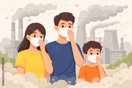 Family Wearing Protective Face Masks to Protect Against Air Pollution from Industrial Factory Smoke and Dust, Environmental Health Concept, Flat Vector Illustration of People in Smoggy Environment