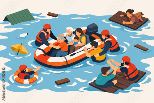Rescue Team Helping Flood Victims in an Inflatable Boat During a Natural Disaster Emergency, Flat Vector Illustration of Evacuation Scene with Survivors, Rescuers, and Pets in High Water