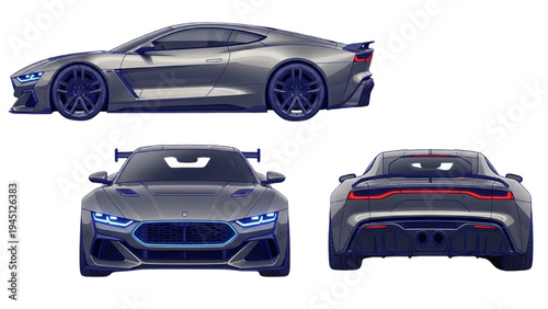 Modern Supercar Sports Coupe Multi View Automotive Design Illustration Front Rear Side Performance Vehicle