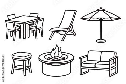 Black and white line drawing of outdoor furniture and a fire pit