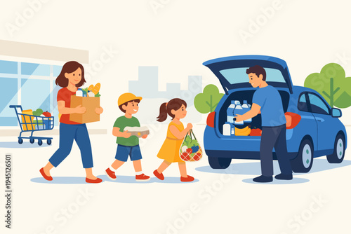 Happy family loading groceries into car trunk after shopping at supermarket. Mother, father, and children carrying bags and boxes of fresh food. Flat vector illustration of family daily lifestyle.
