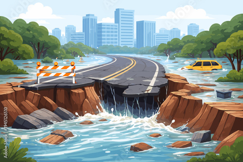 Flat vector illustration of a major flood destroying a city road, showing a collapsed highway, rushing water, a submerged car, and urban skyscrapers under a cloudy sky, depicting a disaster.