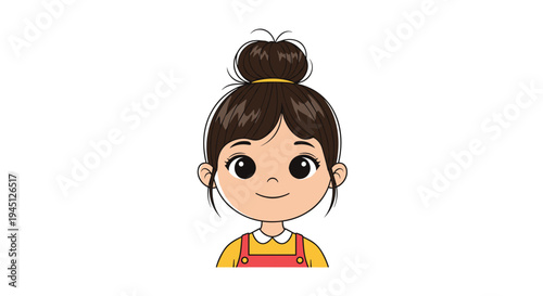 Head and shoulders avatar of a cute young girl with dark hair tied in a bun and a friendly happy smile on her face for profiles.