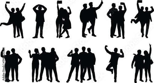 Group of Silhouettes of People Taking Selfies with Smartphones and Posing Keywords: people, silhouette, group, selfie