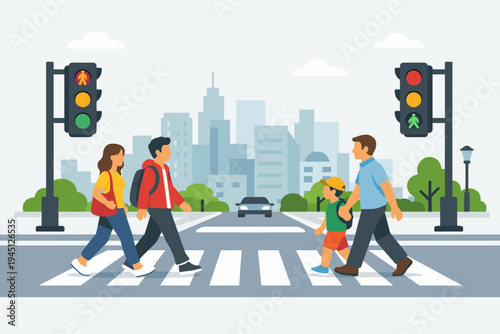 Pedestrians Crossing Urban Street on Zebra Crosswalk with Traffic Lights and City Skyline Background, Flat Vector Illustration of People Walking Safely in the City, Father and Son, Couple.