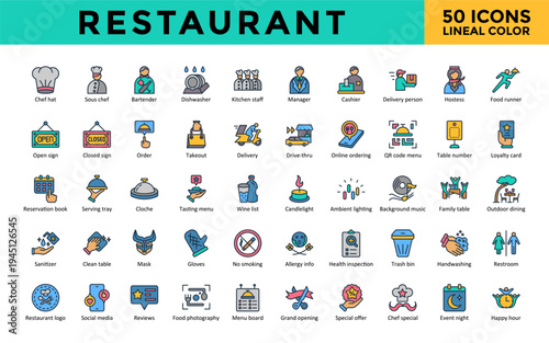 Restaurant icons set with chef hat, sous chef, bartender, dishwasher, kitchen staff, manager, cashier, delivery person, hostess, cloche icon. Simple lineal color vector 
