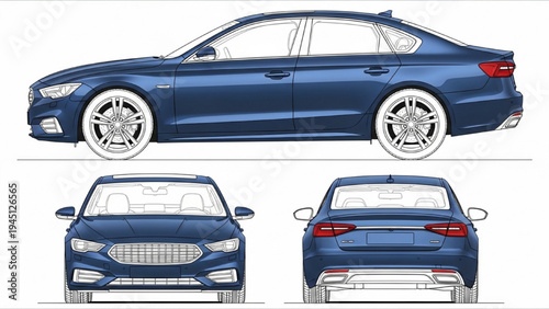 Modern Sedan Car Multi View Automotive Design Illustration Front Rear and Side Vehicle Layout