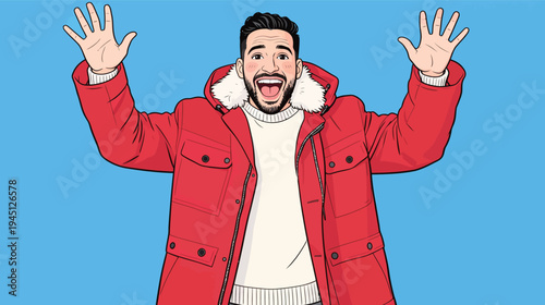 A man is smiling and raising his hands in excitement while wearing a red jacket. He stands against a plain blue backdrop during daylight.